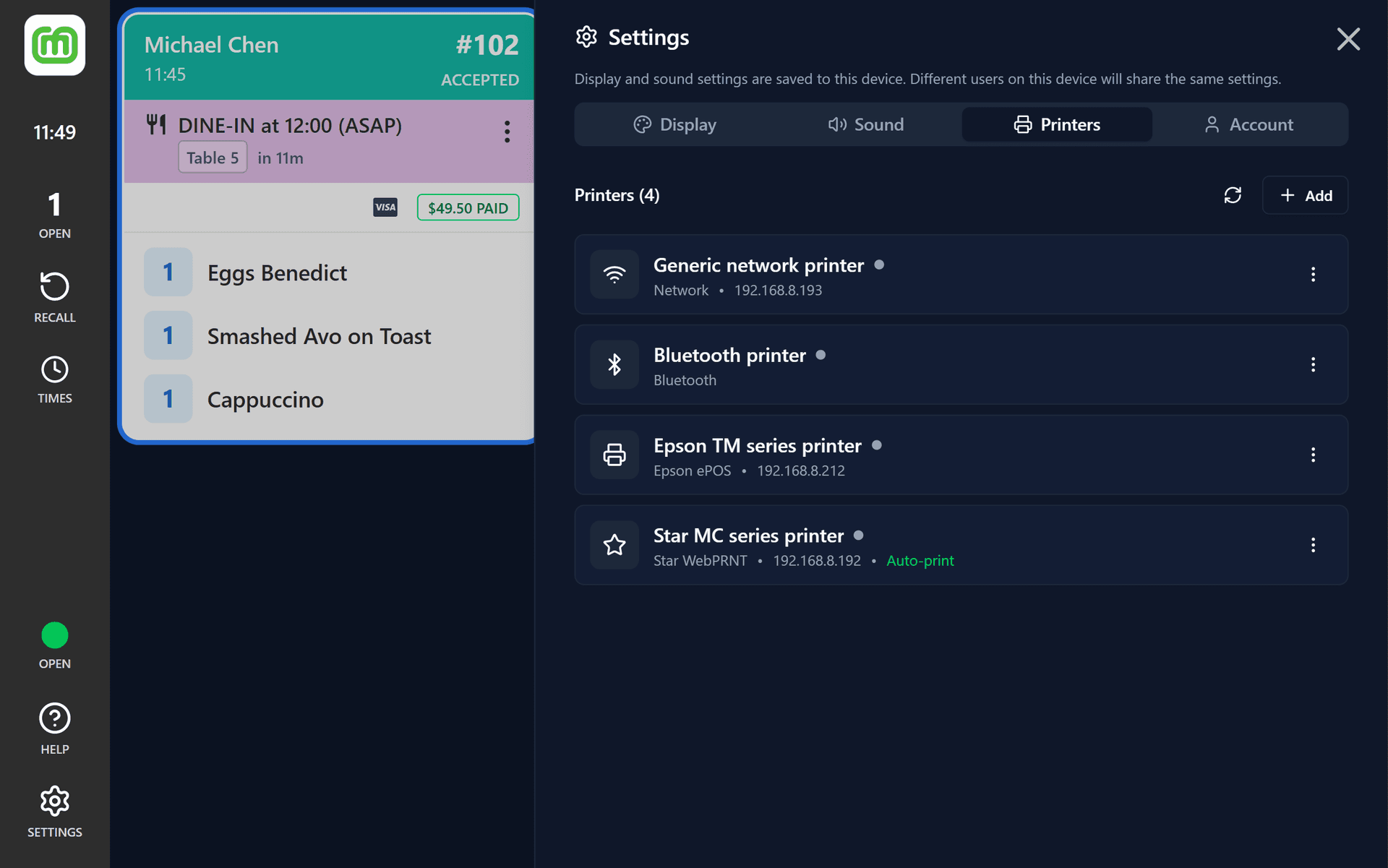KDS docket printer configuration showing Star Micronics and Epson printer settings