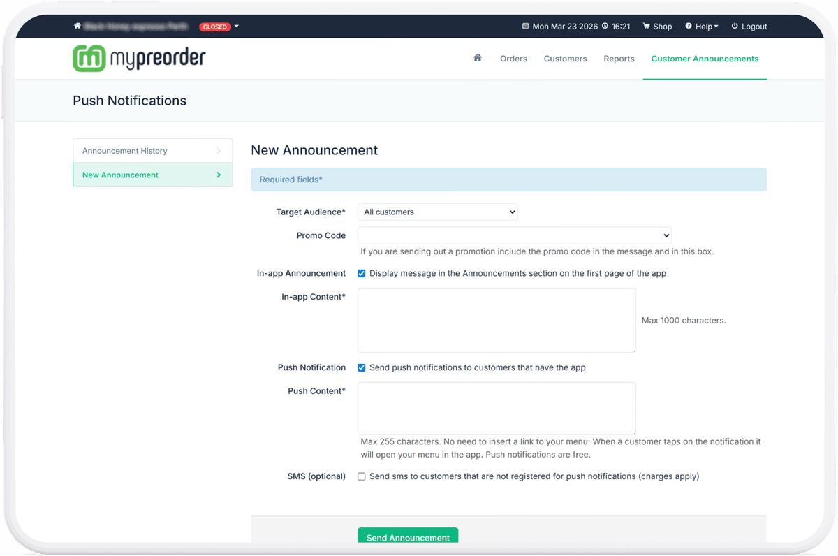 Merchant dashboard interface
